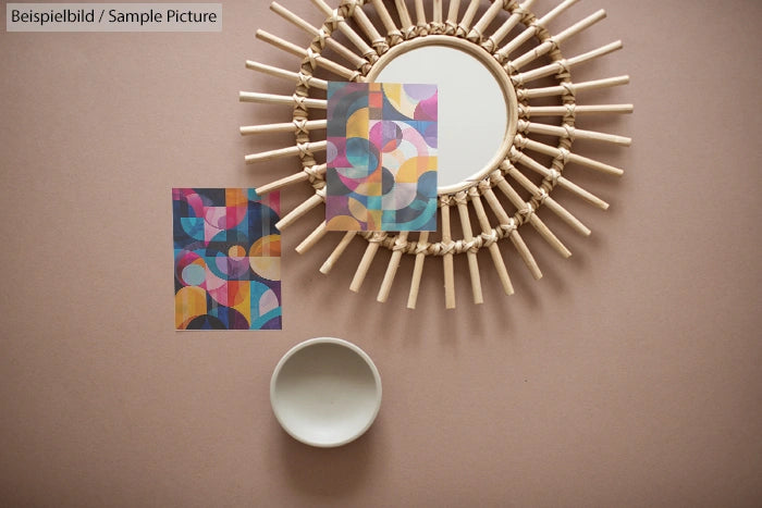 Artistic arrangement with a circular mirror, concentric design, and abstract geometric art prints on a neutral background.