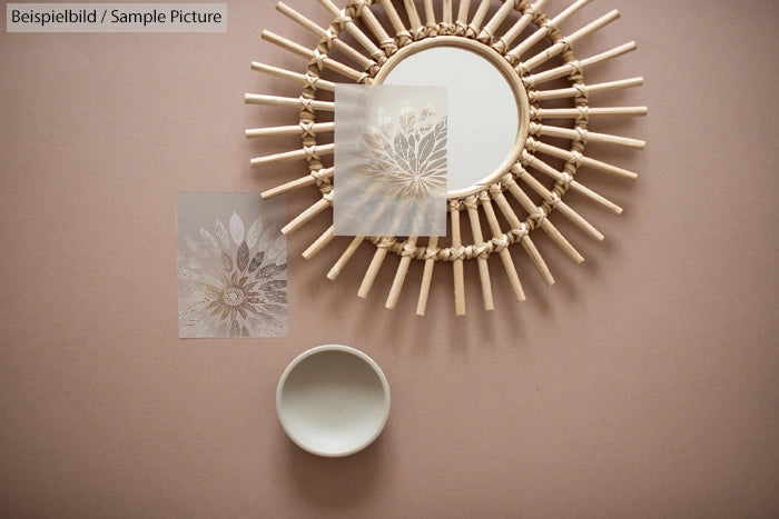 Round mirror with sunburst frame, decorative paper, and a small bowl on a tan surface.