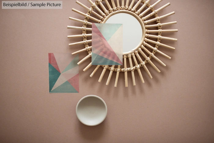 Round mirror with wooden frame, abstract artwork, and white bowl on a beige surface.