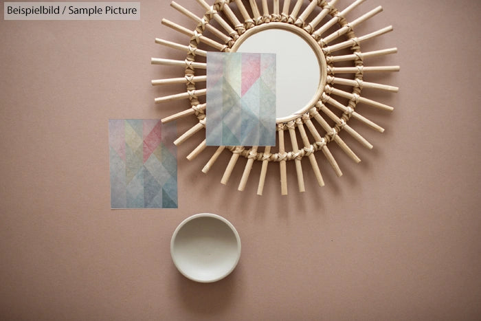 Round wicker mirror with geometric artwork and small white dish on a beige background.