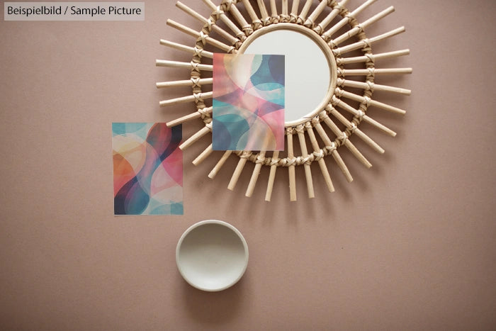 Abstract colorful art prints and a round woven mirror on a beige wall.