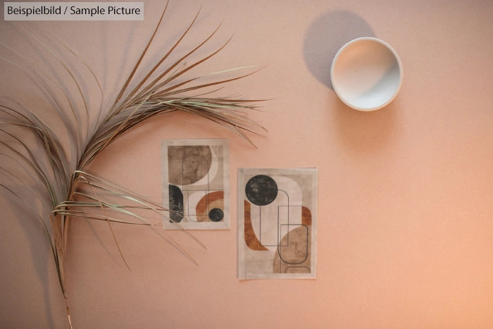 Minimalist decor with geometric art prints, dried palm leaf, and white bowl on a beige background.