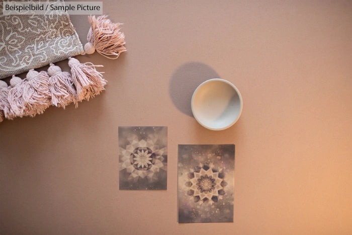 Top view of decorative cards, a bowl, and a patterned fabric with tassels on a beige surface.