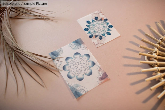 Artistic mandala designs on paper with a natural decor setup on a beige surface.