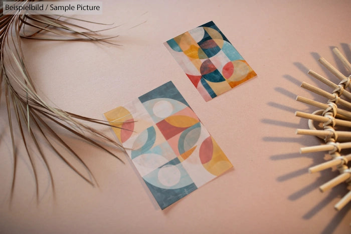 Abstract geometric prints on a table with dried plant and decorative bamboo item.