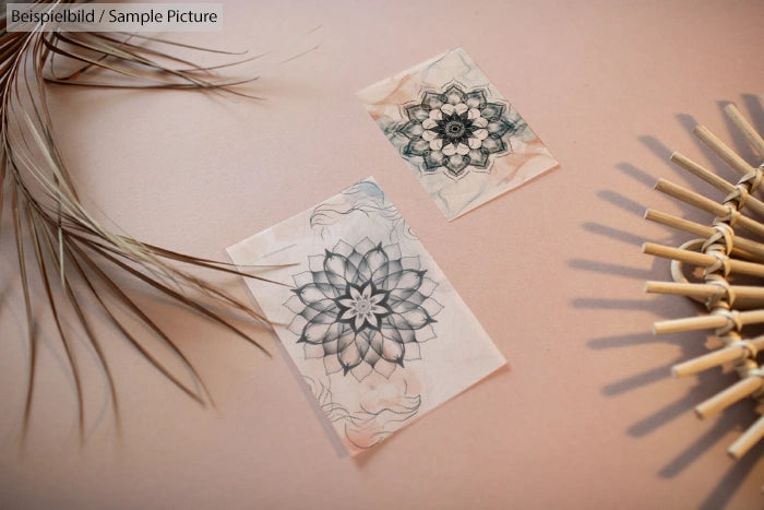 Two intricate mandala drawings on a beige surface with palm fronds and a woven bamboo decoration nearby.