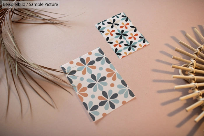 Floral pattern postcards on a beige surface with dry plants and rattan decoration.