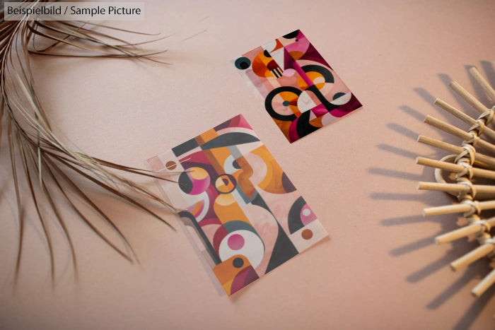 Two abstract art prints on a table near dry twigs, featuring vibrant geometric patterns with circles and curved lines.