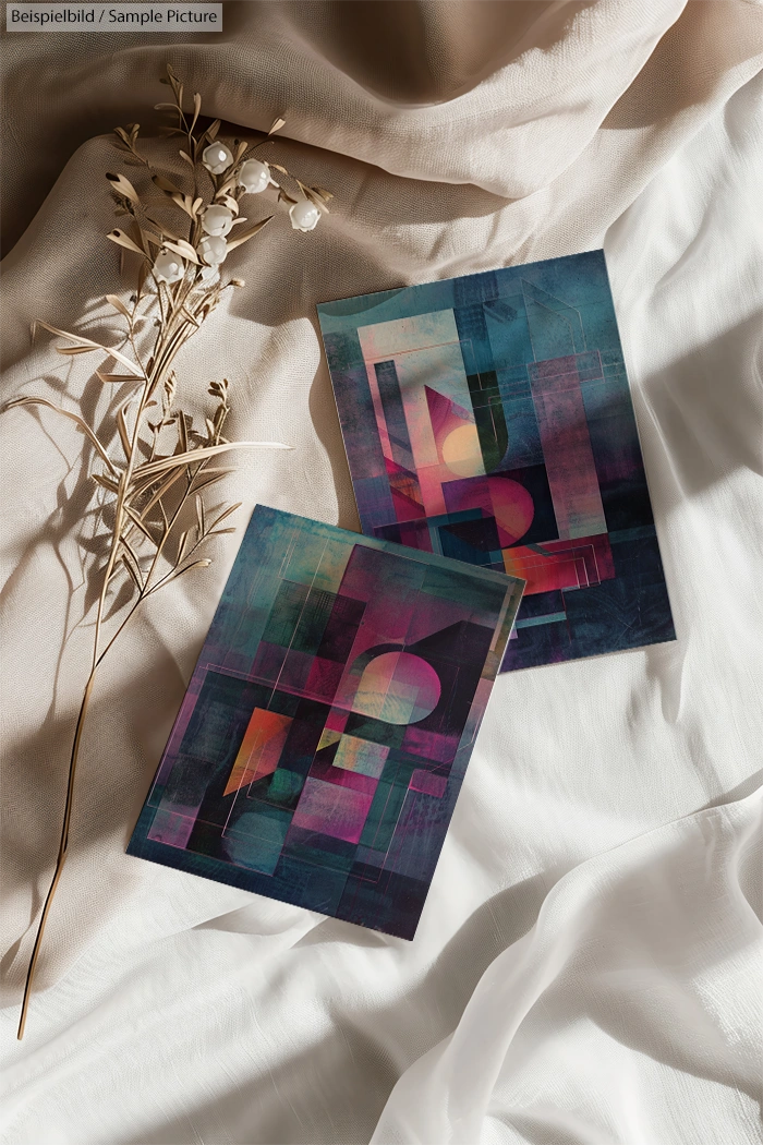 Two abstract geometric art prints on a white fabric backdrop with dried flowers; hues of blue, purple, and pink dominate.