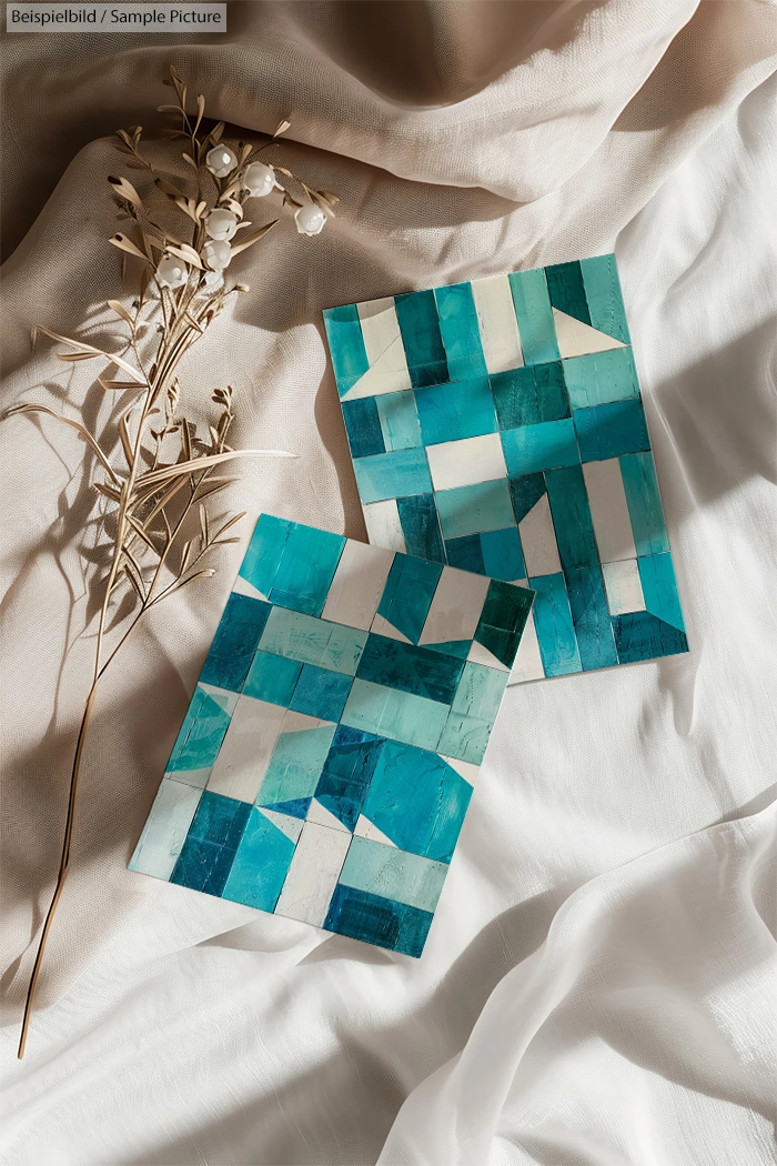 Two artistic turquoise mosaic cards on white cloth with dried flowers nearby, capturing an elegant and creative scene.