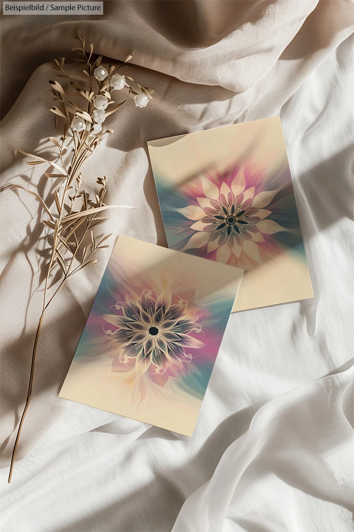 Two floral art prints with pastel colors over white fabric, accompanied by dried flowers.