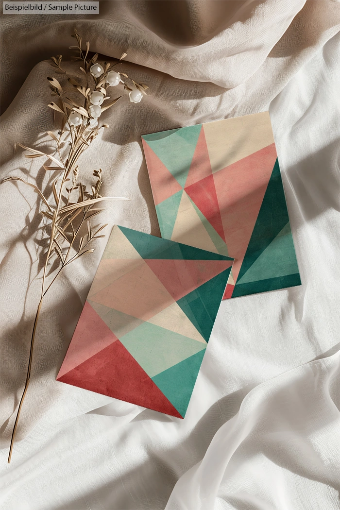 Two geometric pattern cards on draped fabric with dried floral arrangement.