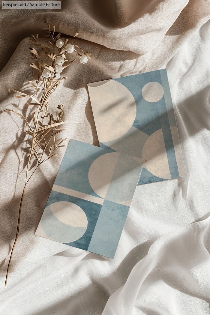 Two abstract geometric prints with circular shapes in blue and cream tones on light fabric with dried flowers.