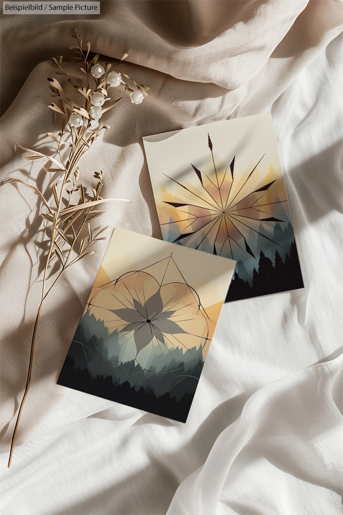 Two abstract landscape posters on white fabric with dried flowers.