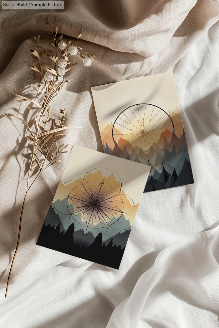 Boho style paintings with abstract mountain landscapes and geometric designs on a soft, draped fabric background.