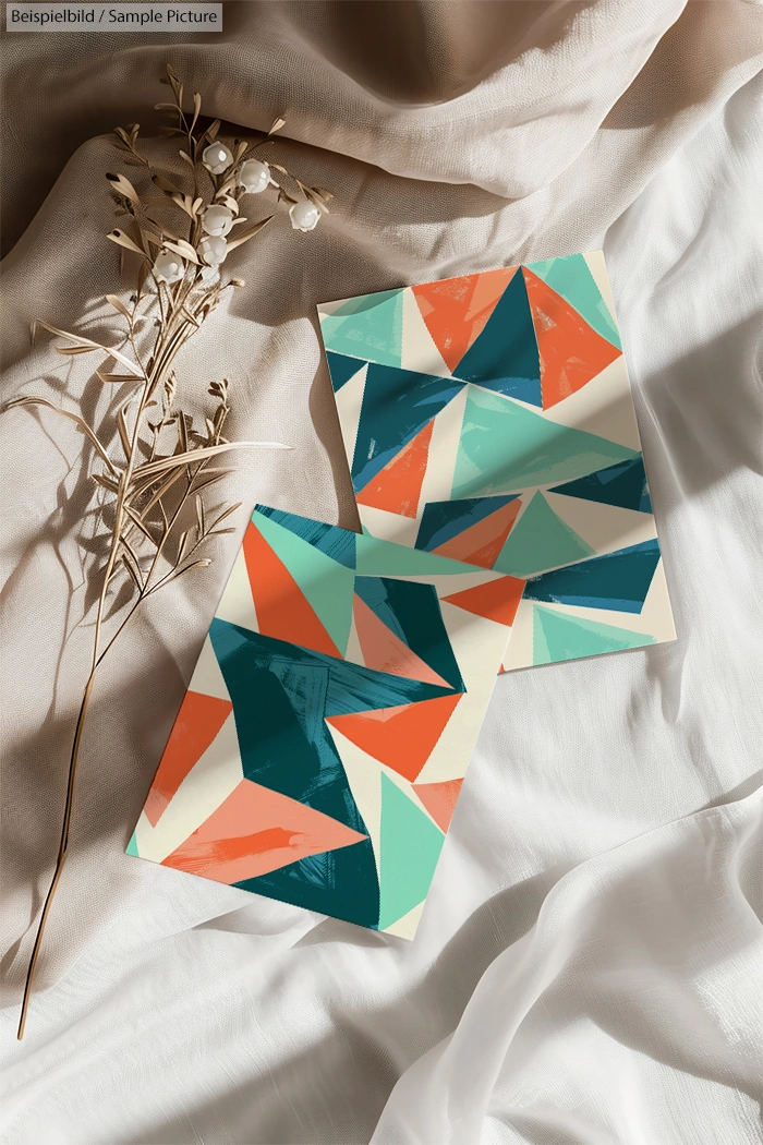 Two geometric abstract art cards with triangles in teal, orange, and cream tones on a textured fabric backdrop.