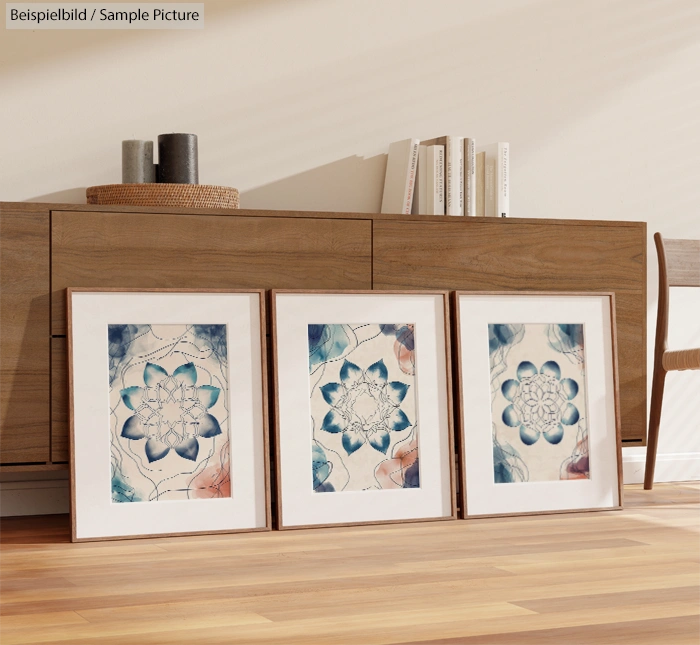 Three framed botanical prints on wooden floor, wooden sideboard with books and decor in background.