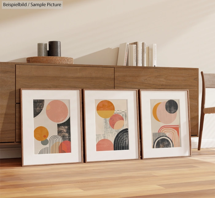 Three framed abstract geometric art pieces with circles and arches, on the floor against a wooden sideboard.