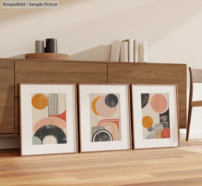 Framed abstract art prints with geometric shapes on floor against wooden cabinet in modern, minimalist room.