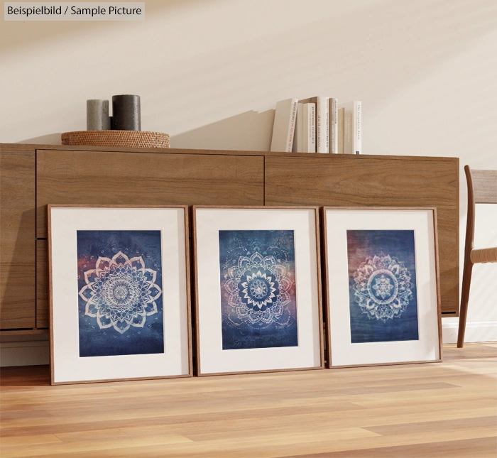 Three framed mandala artworks on wooden floor near a modern cabinet with books and decorative items on top.