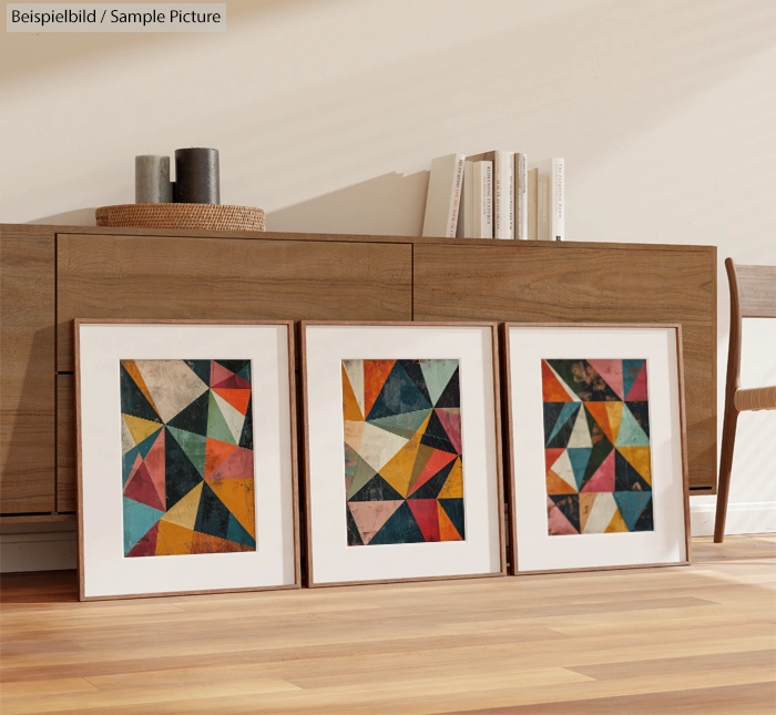 Three framed geometric abstract paintings on hardwood floor, leaning against a wooden sideboard.