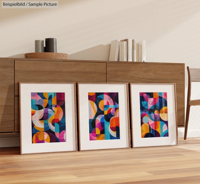 Three abstract paintings with geometric shapes in colorful frames, leaning against a wooden cabinet on a wooden floor.