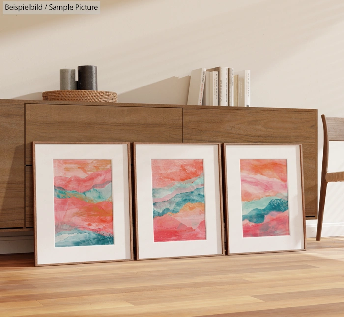 Three framed abstract paintings with pink and teal swirls on the floor against a wooden cabinet in a modern room.