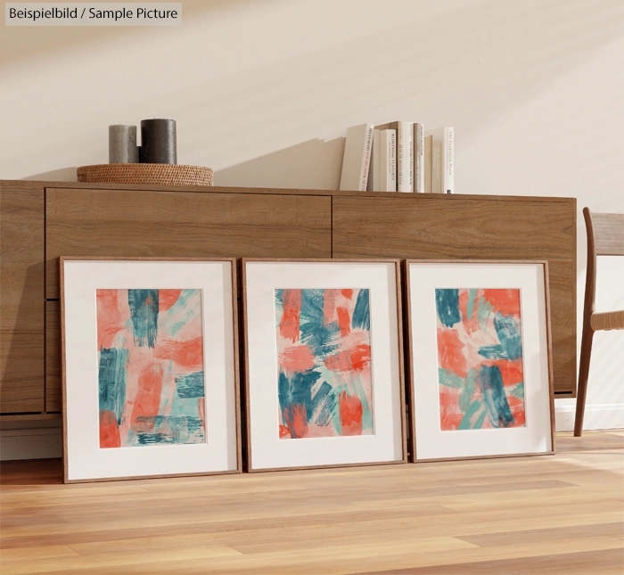 Three abstract paintings with blue, orange, and teal brushstrokes leaned against a wooden console table.