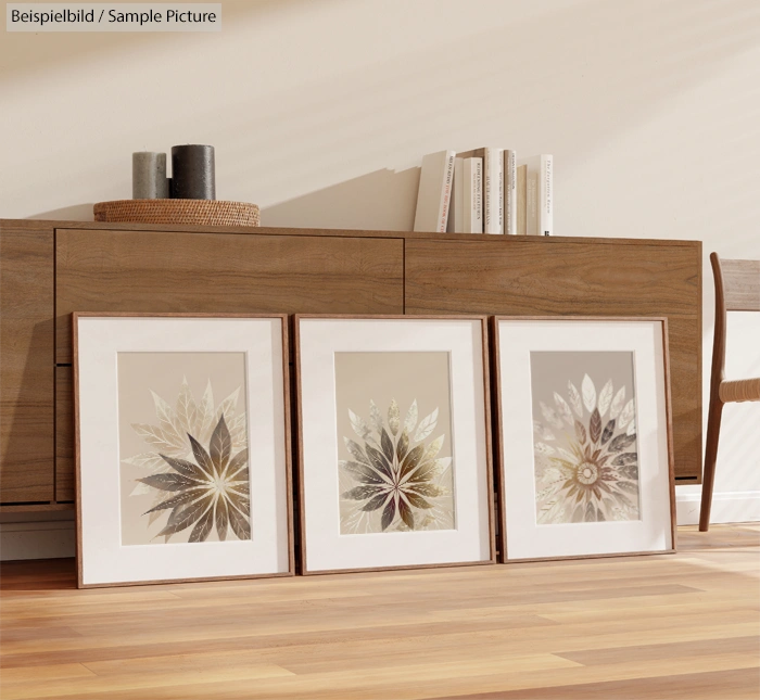 Three framed abstract floral prints leaning against a wooden dresser on a hardwood floor.