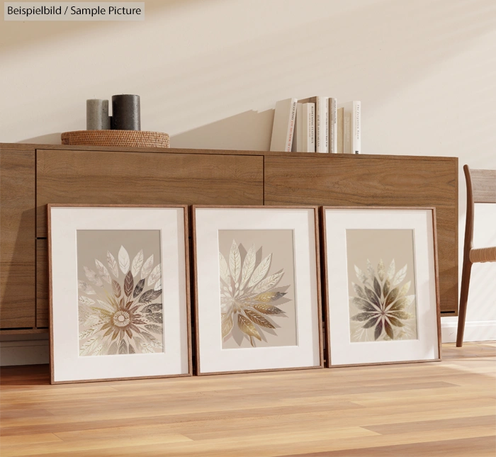 Three framed floral artworks leaning against a wooden sideboard with books and vases, on a wooden floor.