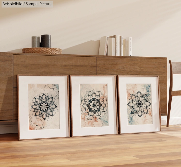 Three framed mandala art pieces on a wooden floor, leaning against a wooden sideboard with books and decor on top.