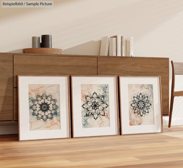 Three framed mandala art prints on wooden floor, leaning against a wood cabinet with books on top.