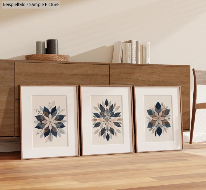 Three framed floral geometric artworks leaning against a wooden sideboard in a modern living room.