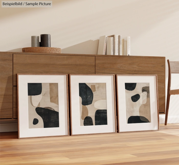 Three abstract black and beige paintings leaning against a wooden cabinet with decorative items on top.