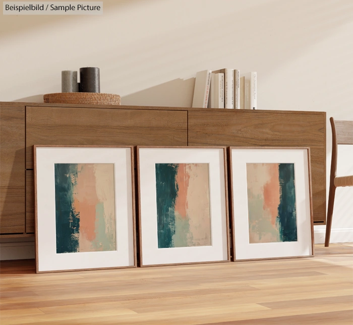 Three abstract paintings with green, peach, and beige colors leaning against a wooden sideboard in a modern room.