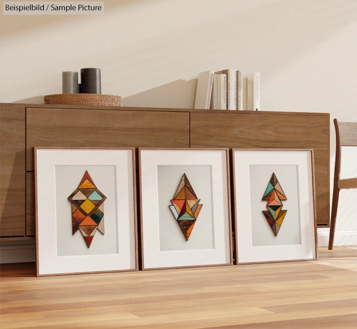 Three framed geometric art pieces leaning against a wooden cabinet with a chair and decor items nearby.