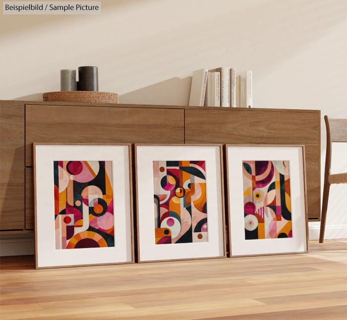 Three framed geometric abstract paintings on a wooden floor in front of a modern sideboard with decor.