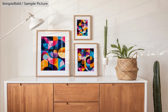 Room with wooden sideboard, abstract geometric art in frames, and plants on display.