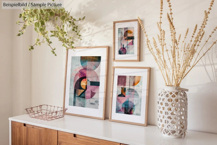 Decorative geometric artwork on wall above wooden sideboard with vase and plant.