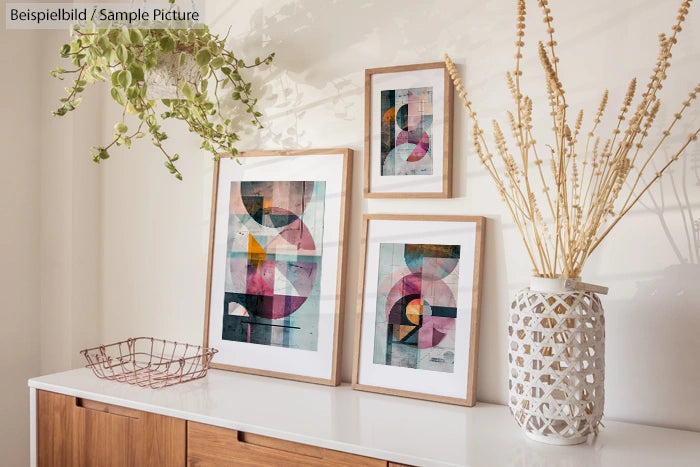 Modern art prints with geometric designs in wooden frames on a white cabinet, accented by a vase and hanging plant.