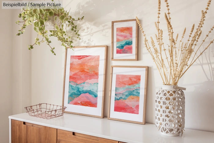 Three framed abstract paintings on wood cabinet under hanging plant, beside ceramic vase with dried branches.