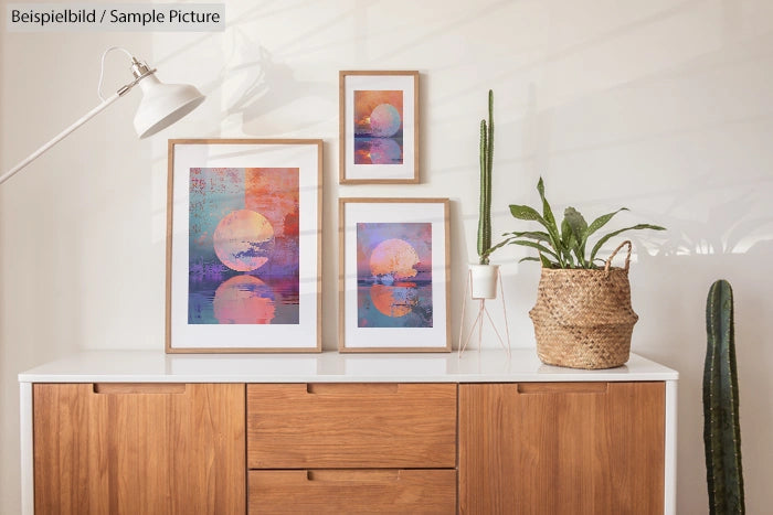 Modern wooden cabinet with colorful framed art and potted plants in a bright, minimalist living space.