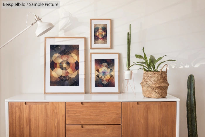 Modern room with wooden cabinet, framed abstract artworks, plants, and a white lamp against a light wall.