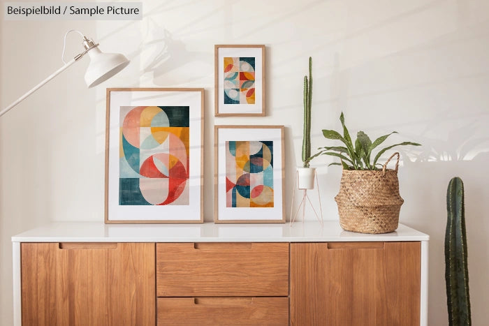 Mid-century modern decor with geometric artwork and potted plants on a wooden sideboard.