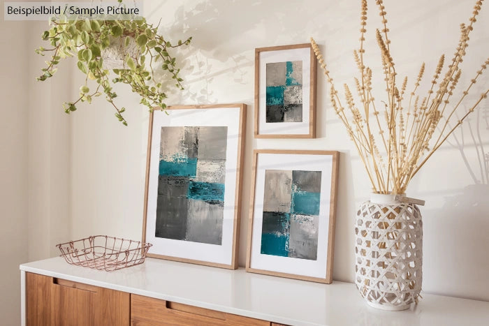 Contemporary art prints in wooden frames on a sideboard with potted plants and decorative basket.