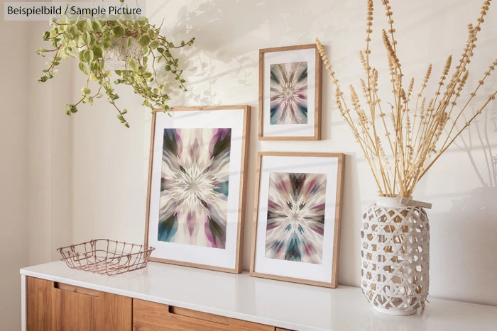 Modern living room with abstract art in wooden frames and a decorative vase with dried branches on a wooden cabinet.