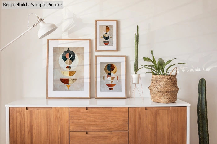 Wooden sideboard with abstract framed art, cacti, and a white lamp in a modern, minimalist room.