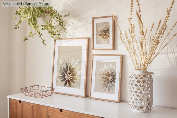 Wall with botanical art prints, vase with dry plants, and hanging greenery on a wooden cabinet.