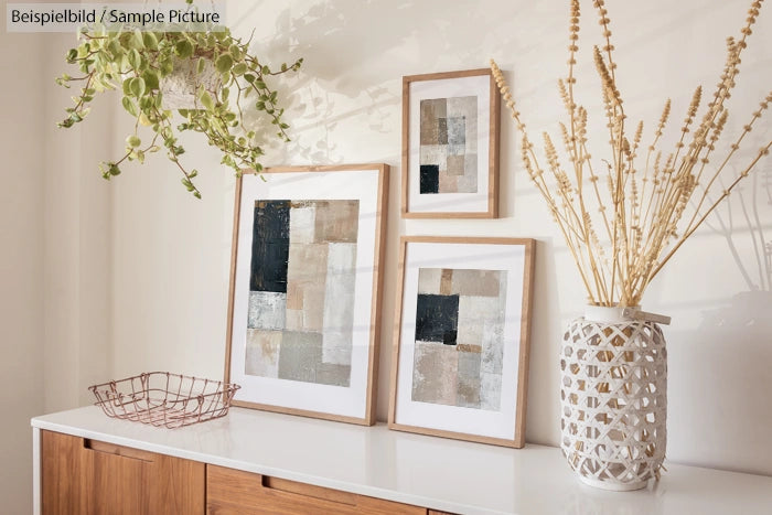 Stylish modern decor with abstract art, woven basket, and glass vase on a wooden sideboard.