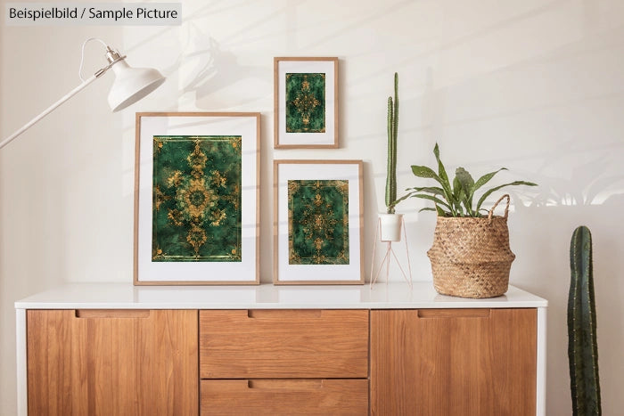 Modern wooden sideboard with framed green botanical art, a desk lamp, and potted plants in a minimalist room.